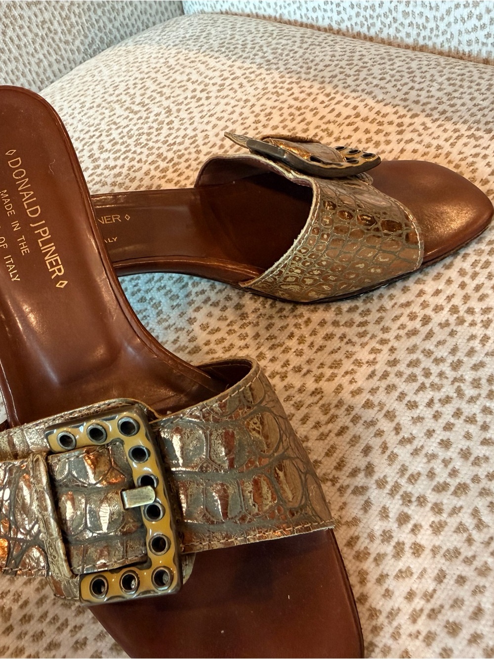 Donald J. Pliner Metallic Gold Croc-Embossed Buckle Slide Mules